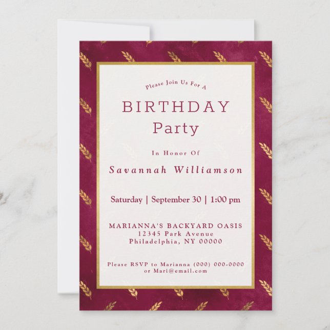 Vintage Gold Maroon Wheat Birthday Invitation (Front)