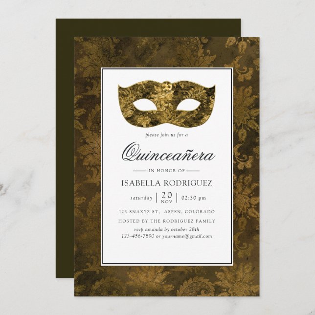 Vintage Gold Masquerade Damask Quinceañera Invitation (Front/Back)