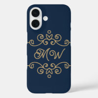 Vintage Gold & Navy Blue Elegant Flourish Monogram