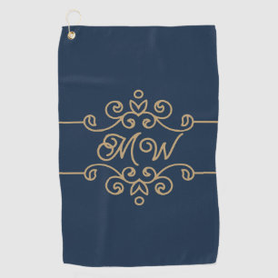 Vintage Gold & Navy Blue Elegant Flourish Monogram Golf Towel