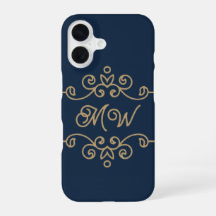 Vintage Gold & Navy Blue Elegant Flourish Monogram iPhone 16 Case