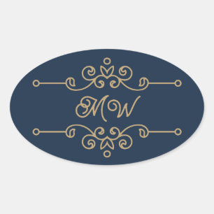 Vintage Gold & Navy Blue Elegant Flourish Monogram Oval Sticker