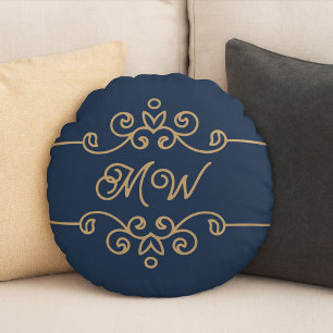 Vintage Gold & Navy Blue Elegant Flourish Monogram Round Cushion