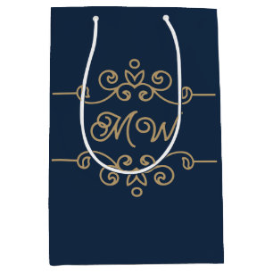  Vintage Gold & Navy Blue Flourish Monogram Luxury Medium Gift Bag