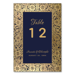 Vintage Gold Navy Blue Wild Roses Elegant Wedding Table Number