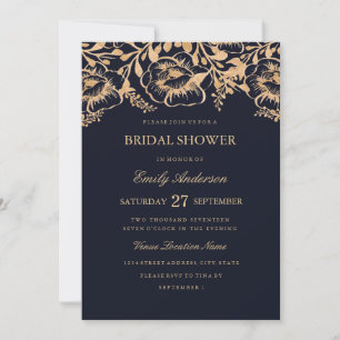 Vintage Gold Navy Floral Bridal Shower Invitation