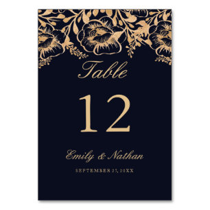 Vintage Gold Navy Floral Table Number Cards