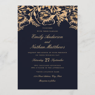 Vintage Gold Navy Floral Wedding Invitation