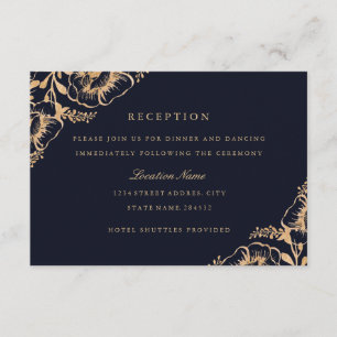 Vintage Gold Navy Floral Wedding Reception Invitation