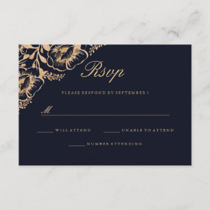 Vintage Gold Navy Floral Wedding RSVP