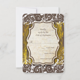 Vintage Gold Old Barn Wood Swirl Wedding RSVP Card