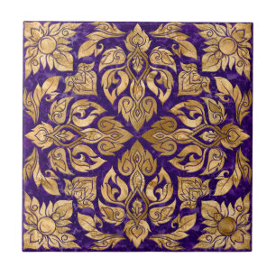Vintage Gold on Amethyst Purple Thai Ornament Ceramic Tile