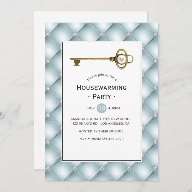 Vintage Gold Pearl Key Housewarming Party Invitation (Front/Back)