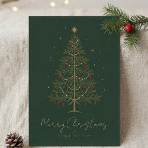 Vintage Gold Pine Tree Red Pinecones Dark Green Holiday Card