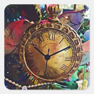 Vintage Gold Pocket watch Ornament Christmas Square Sticker