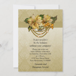 Vintage Gold Poinsettias Holiday Invitation