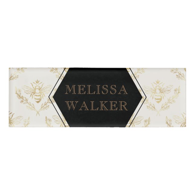 vintage gold queen bee apiary monogram name tag (Front)