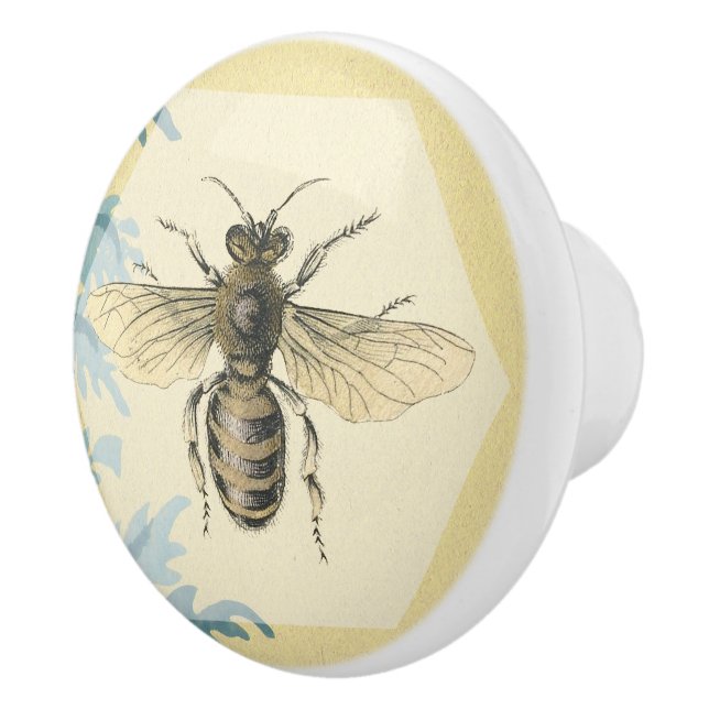 Vintage Gold Queen Bee Blue Leaves Ceramic Knob (Right)