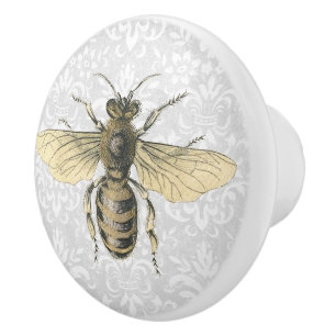 Vintage Gold Queen Bee & Light Blue Filigree Ceramic Knob