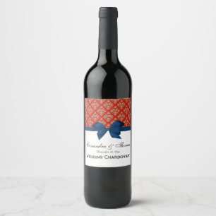 Vintage Gold Red Damask Navy Blue Bow Wine Label