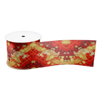Vintage Gold Red Japanese Kimono Floral Flower Satin Ribbon