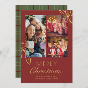 Vintage Gold Red Plaid Script 3 Family Photos Holiday Card