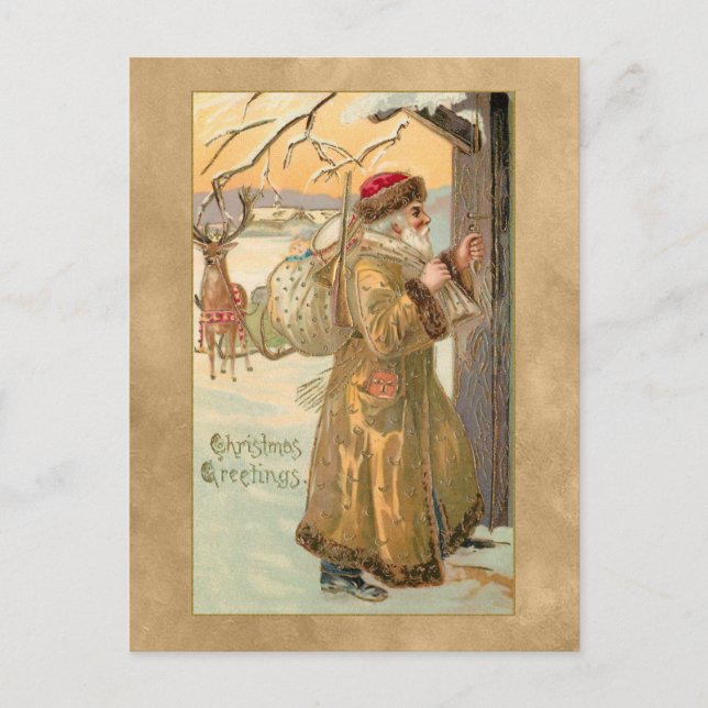 Vintage Gold-Robed Father Christmas in Snow Postcard (Front)