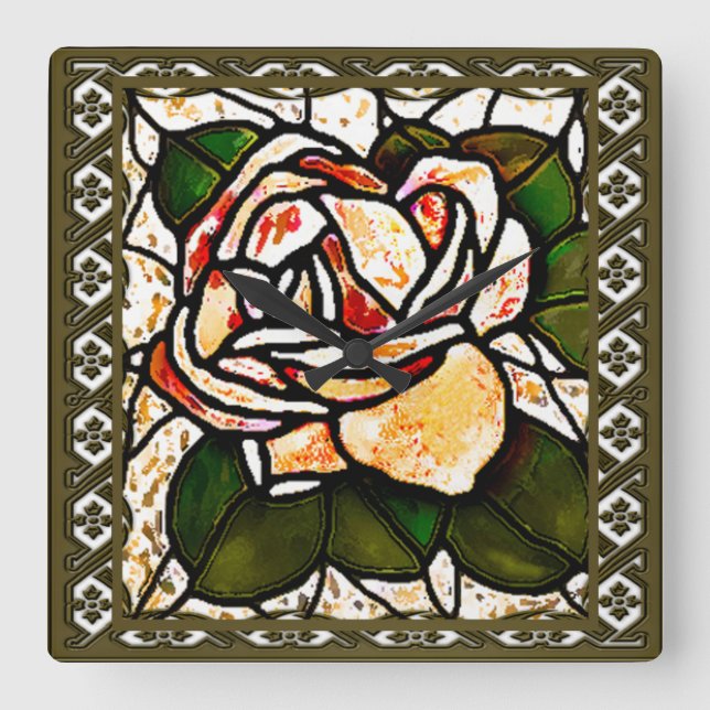 Vintage Gold Rose Art Deco Square Wall Clock (Front)