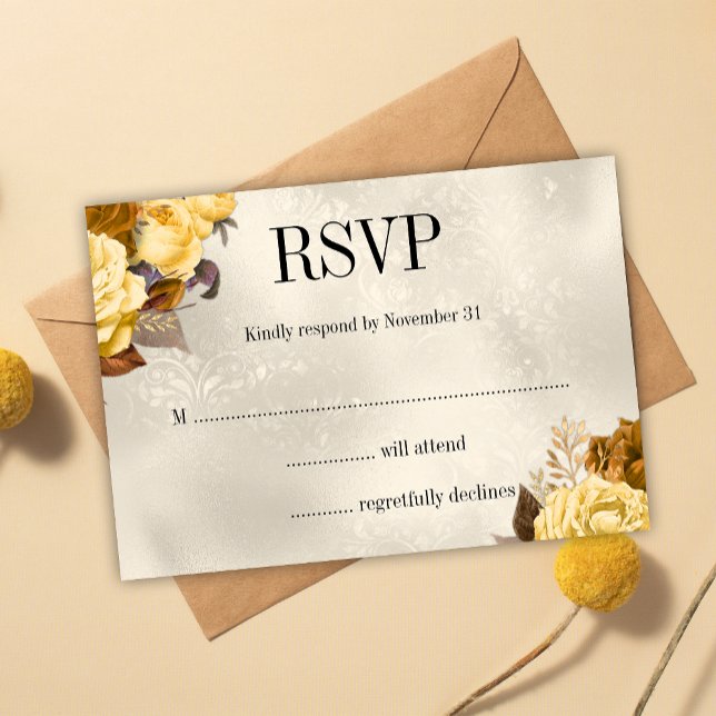 Vintage Gold Rose Damask Wedding RSVP (Creator Uploaded)
