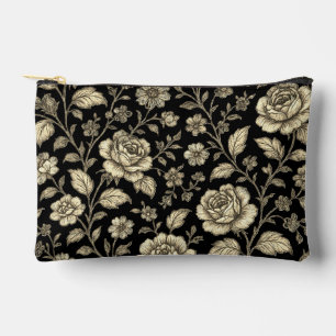 Vintage Gold Rose Floral Pattern on Black Accessory Pouch