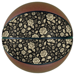 Vintage Gold Rose Floral Pattern on Black Basketball