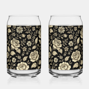 Vintage Gold Rose Floral Pattern on Black Can Glass