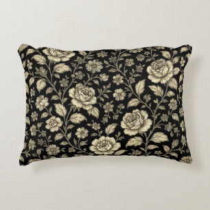 Vintage Gold Rose Floral Pattern on Black Decorative Cushion