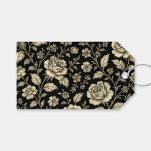 Vintage Gold Rose Floral Pattern on Black Gift Tags