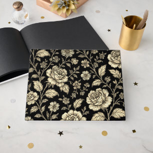 Vintage Gold Rose Floral Pattern on Black Guest Book