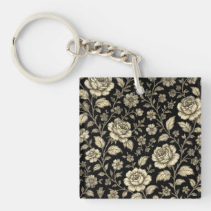 Vintage Gold Rose Floral Pattern on Black Key Ring