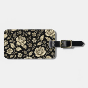 Vintage Gold Rose Floral Pattern on Black Luggage Tag