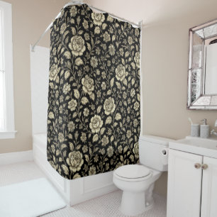 Vintage Gold Rose Floral Pattern on Black Shower Curtain