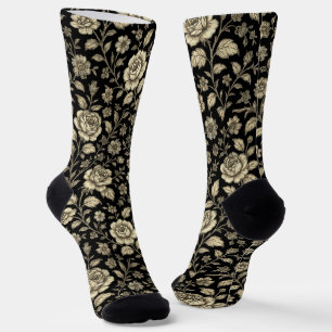 Vintage Gold Rose Floral Pattern on Black Socks