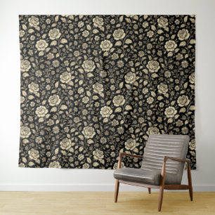 Vintage Gold Rose Floral Pattern on Black Tapestry