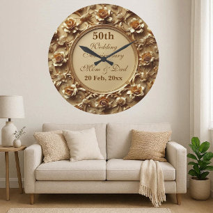Vintage Gold Roses Mom Dad 50 Wedding Anniversary Large Clock