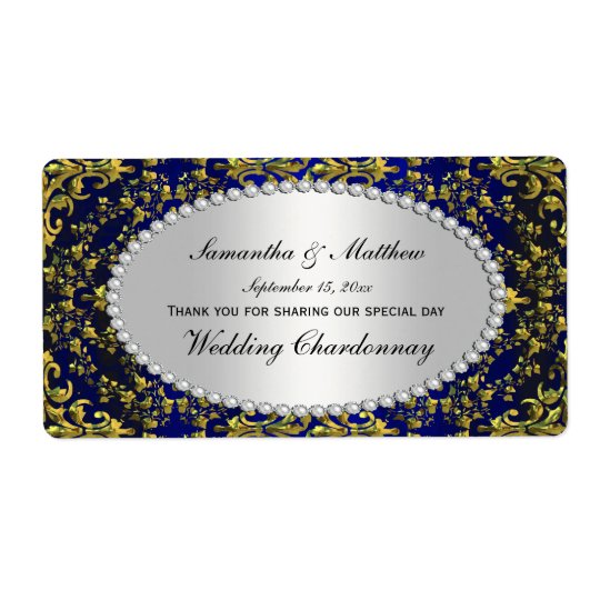 Vintage Gold & Royal Blue Damask Pearl Wine Label Shipping Label