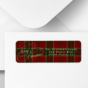 Vintage gold script plaid Christmas return address Label