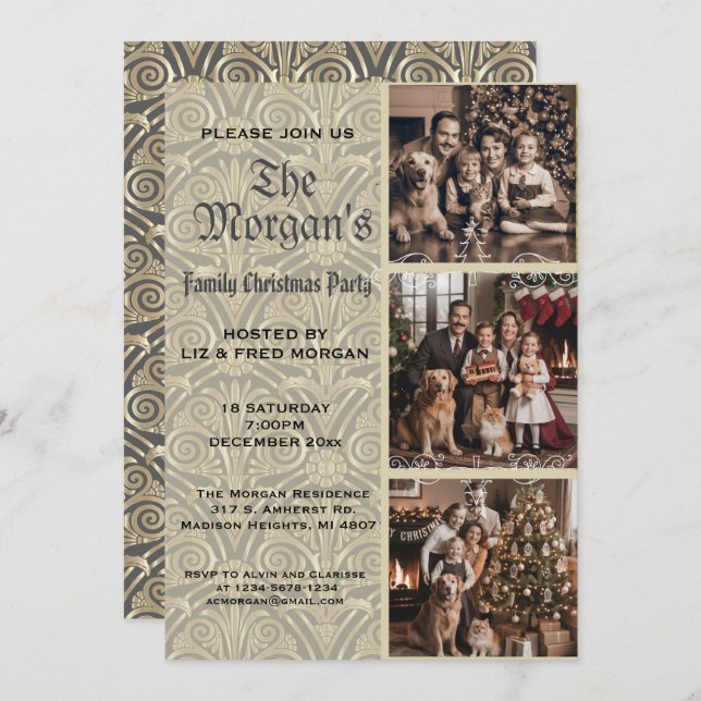 Vintage Gold & Sepia Family Christmas Party Holiday Card (Front/Back)