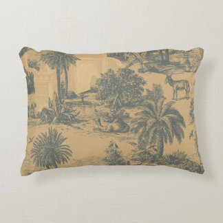 Vintage Gold Slate Blue Moroccan Camel Oasis Toile Decorative Cushion