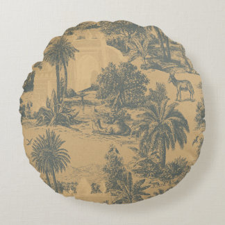 Vintage Gold Slate Blue Moroccan Camel Oasis Toile Round Cushion