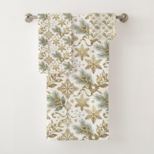 Vintage Gold Snowflake Sage Green Pattern Bath Towel Set