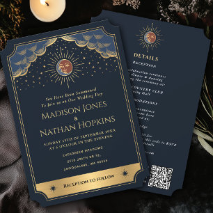 Vintage Gold Sun Moon Tarot Wedding QR Code Invitation