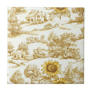 Vintage Gold Sunflower Botanical Toile Pattern Ceramic Tile