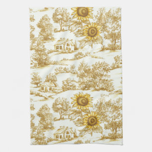 Vintage Gold Sunflower Botanical Toile Pattern Tea Towel